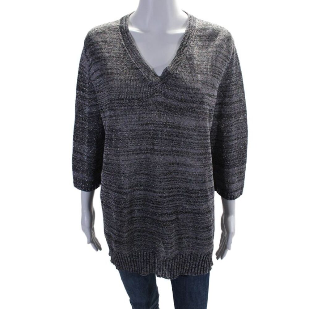 Duna Womens Half Sleeve V Neck Metallic Knit Top Purple Linen Size Small